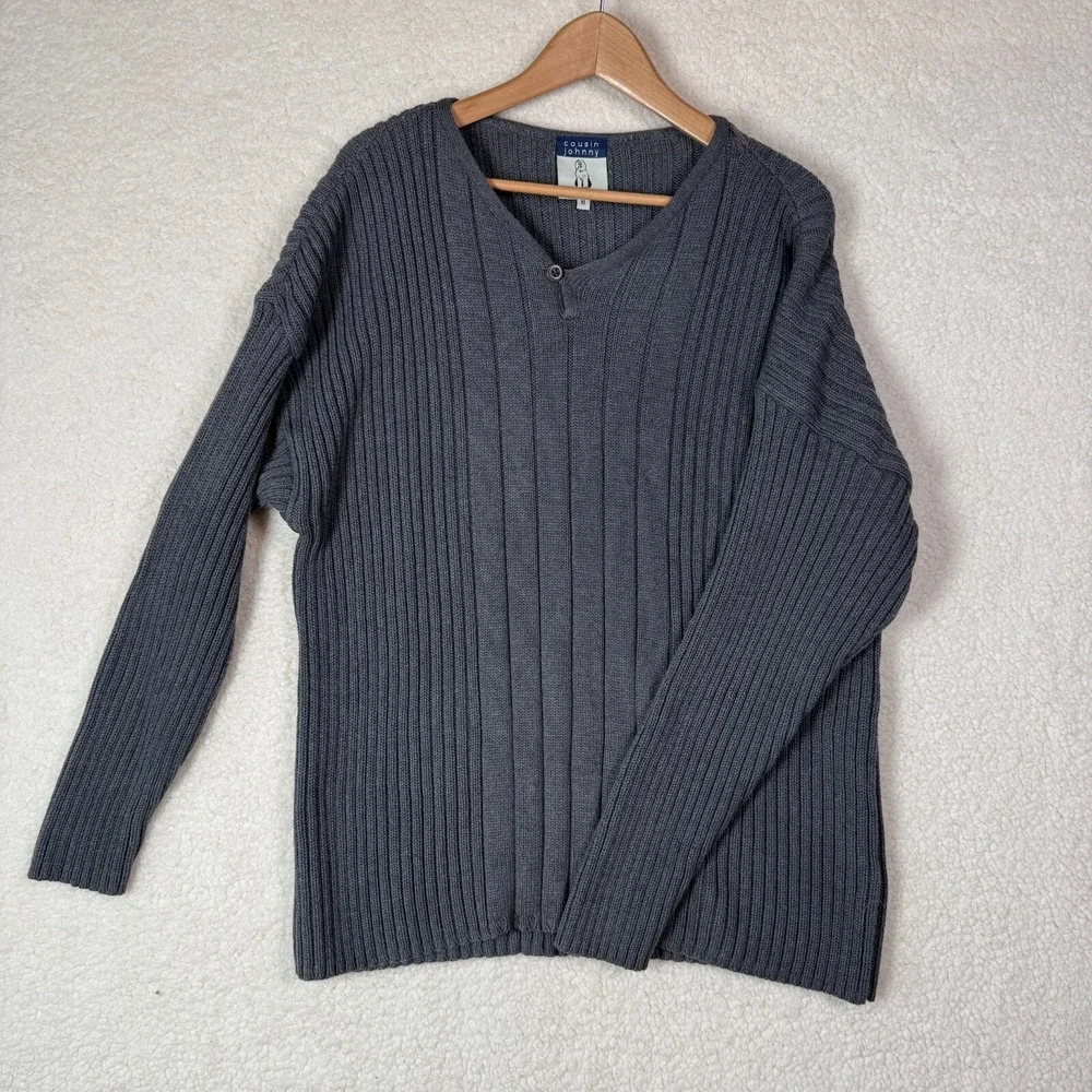 Anthropologie Cousin Johnny Mens‎ Sweater XL Tan Gray Ribbed Knit V Neck Unisex